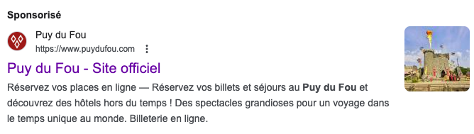 Annonce Google Ads Puy du Fou