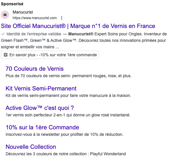 Annonce Google Ads Manucurist