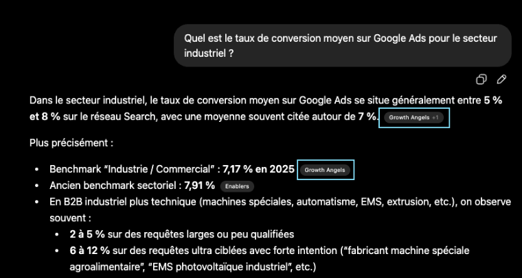 Réponse de l'IA avec citations de source.